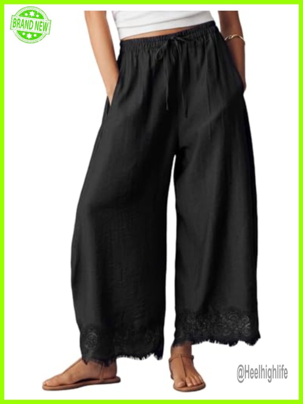 Women's 100% Polyester Lace Trim Cropped Wide Leg Pants Casual Flowy Lounge
